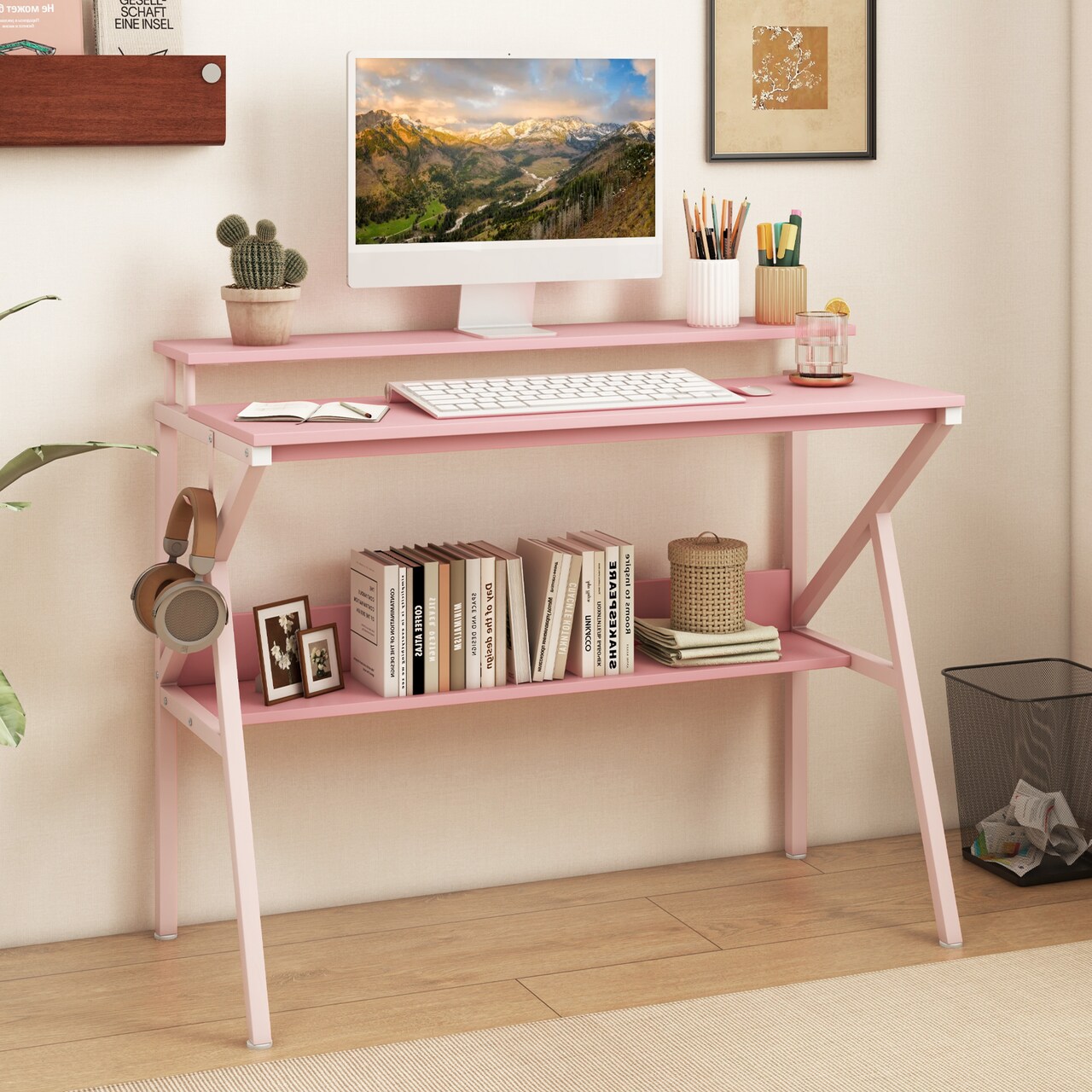 39.5” Pink Computer Desk with Monitor Shelf & Storage Shelf, Small Study Writing Table with Metal Frame